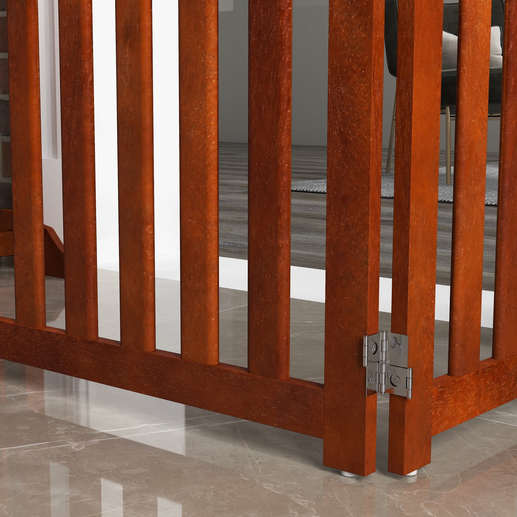Barrière de sécurité chien pliable double face en bois, 4 panneaux avec porte, pieds de support, 205 x 60 cm, marron
