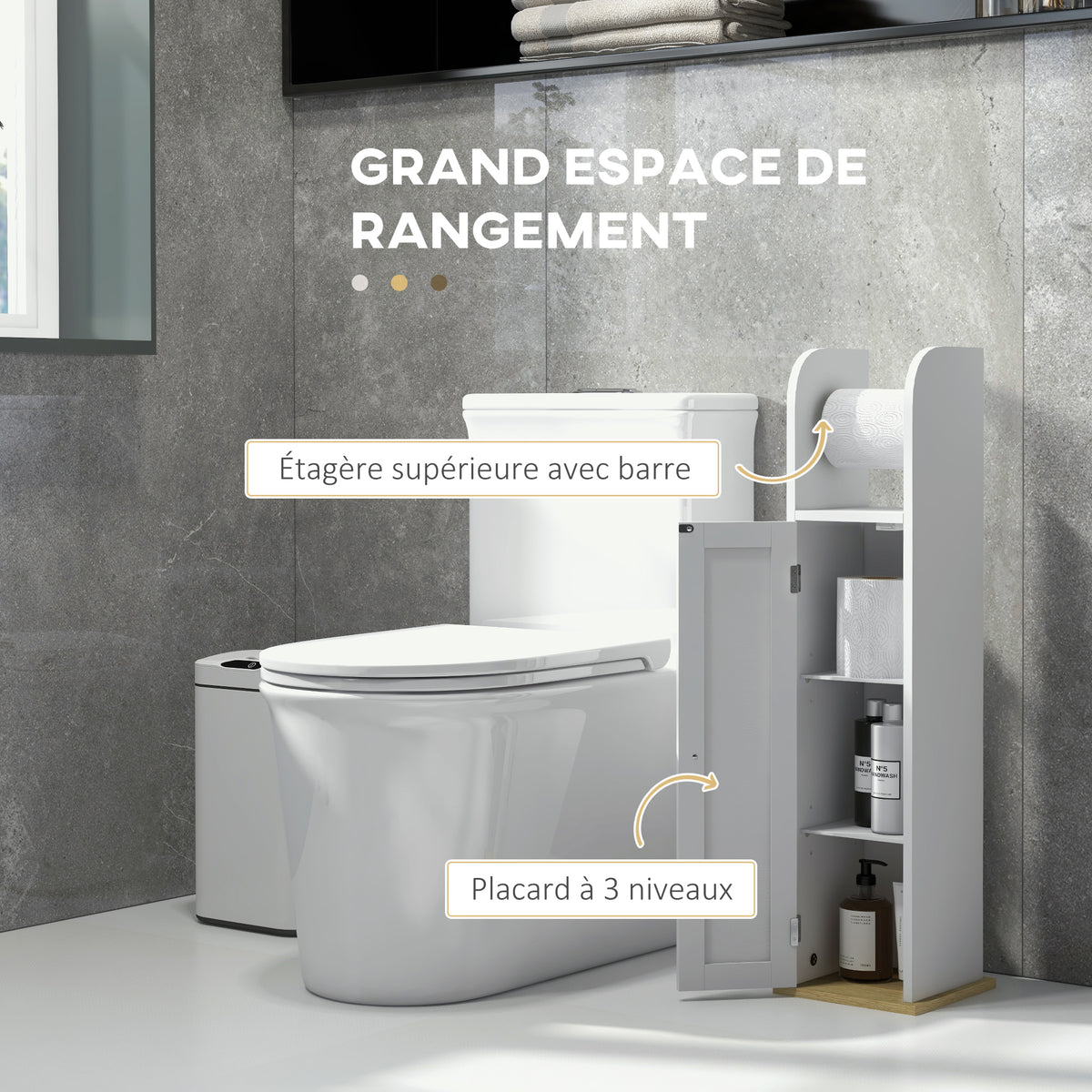 Meuble de salle de bain support papier toilette avec placard et étagères réglables 20 x 20 x 80 cm blanc