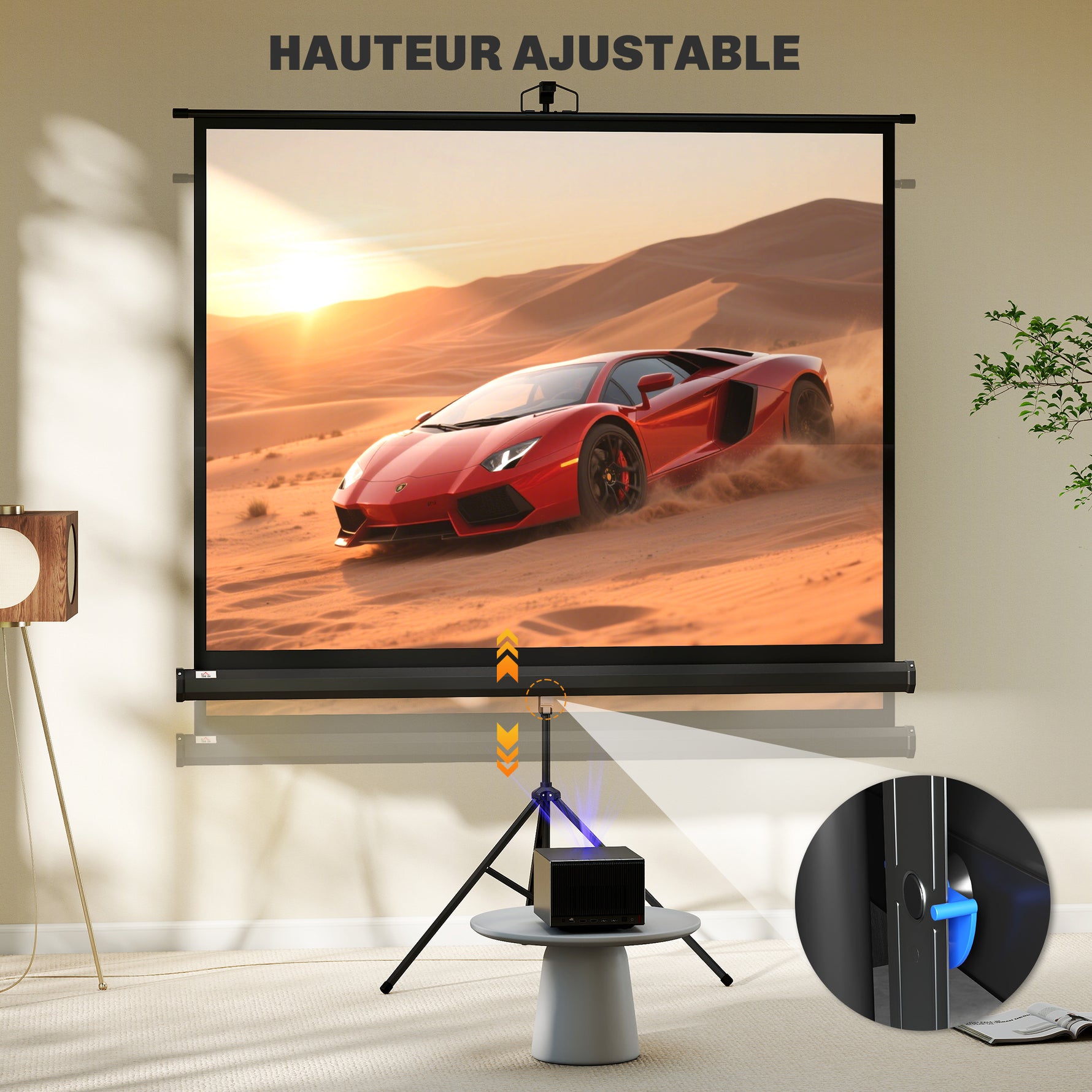Écran de projection 84 pouces avec support trépied hauteur réglable, écran 4K HD 4:3, en intérieur/à l'extérieur