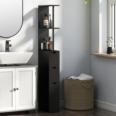 Meuble colonne salle de bain armoire de salle de bain avec tiroirs étagères ouvertes placard 15 x 33 x 136,8 cm noir