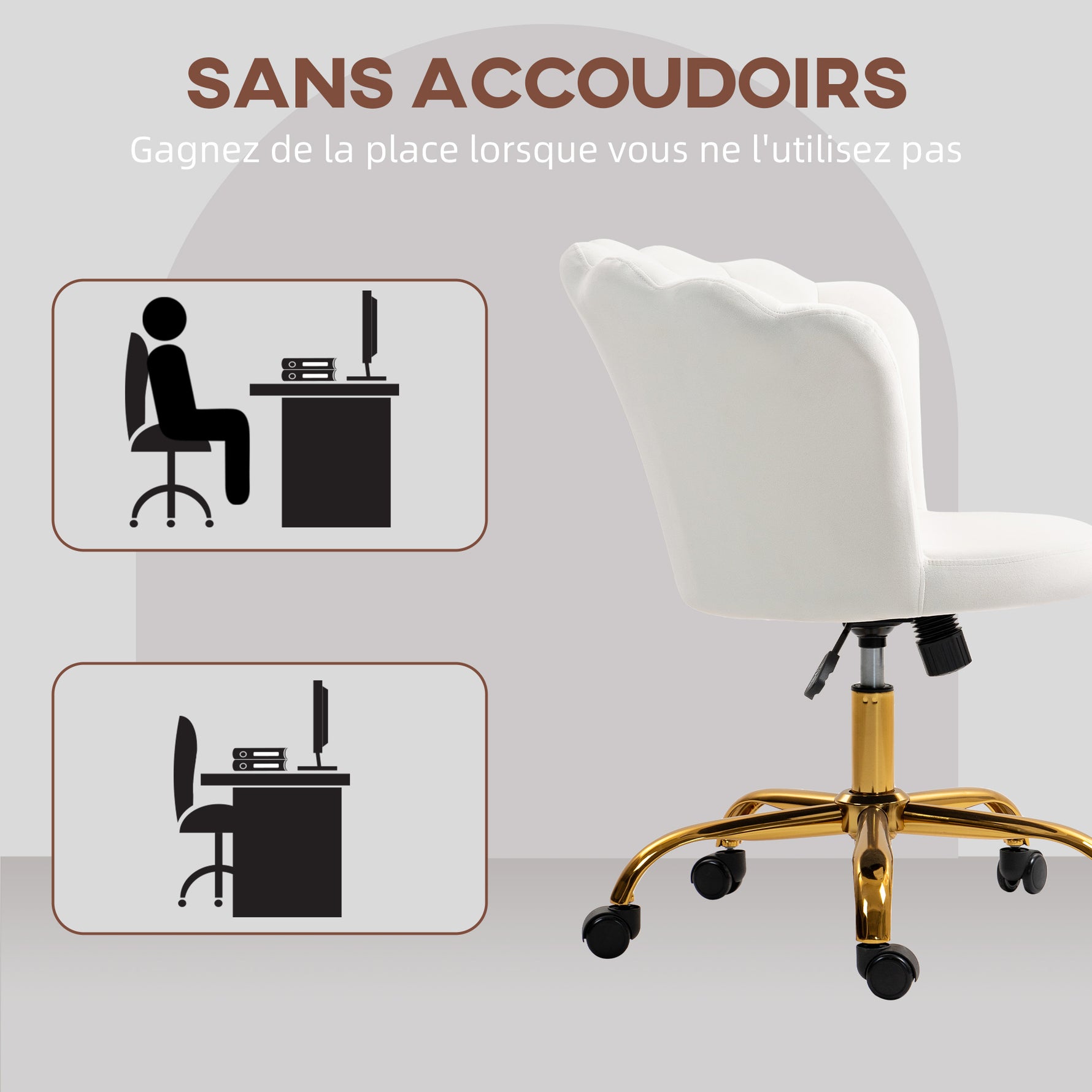 Chaise bureau en velours, chaise coiffeuse avec dossier en pétale, hauteur réglable, 69 x 64 x 80-90 cm, blanc