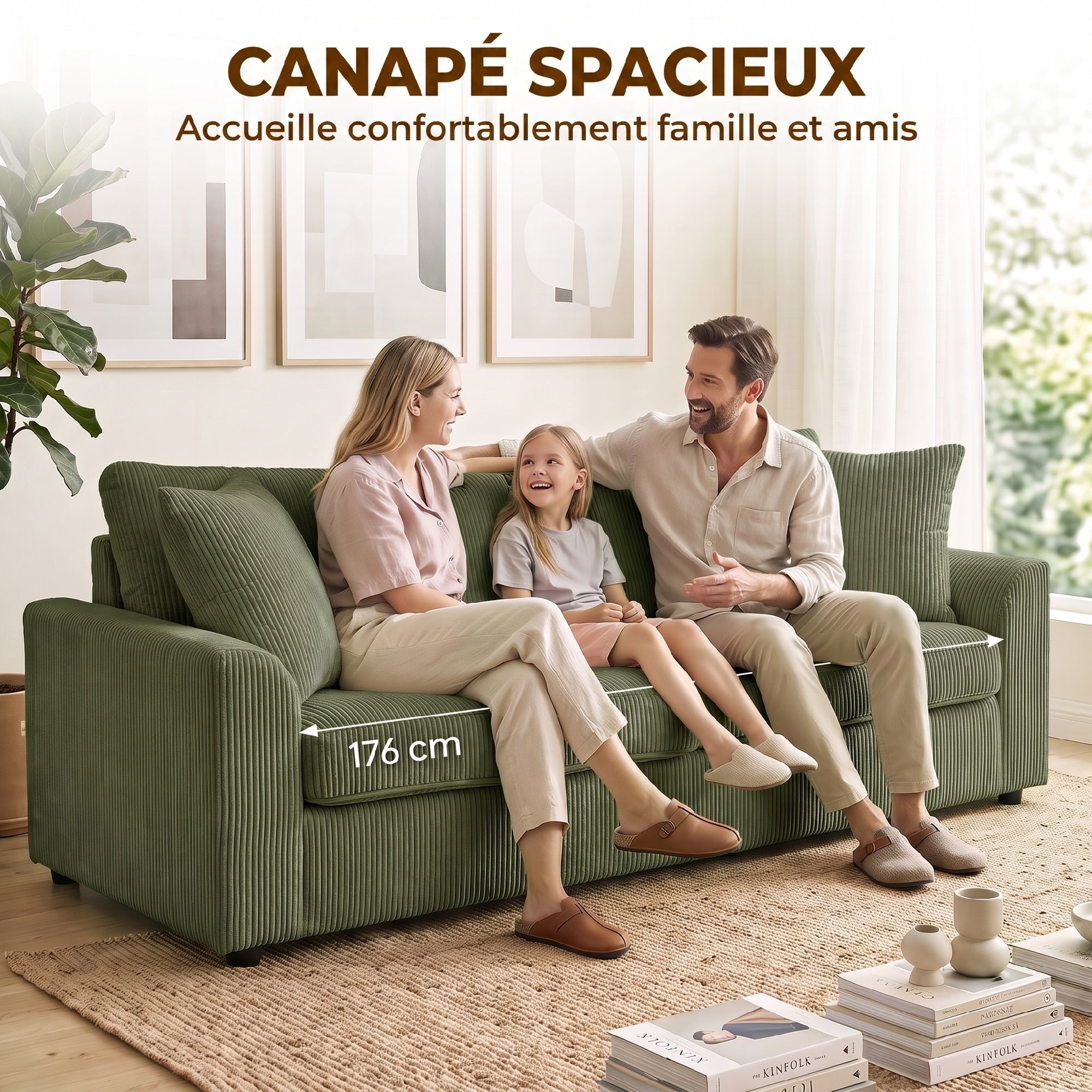 Sofá de 3 plazas de 212 cm con 2 cojines de muelles, tejido de pana, para salón, dormitorio, oficina en casa, verde