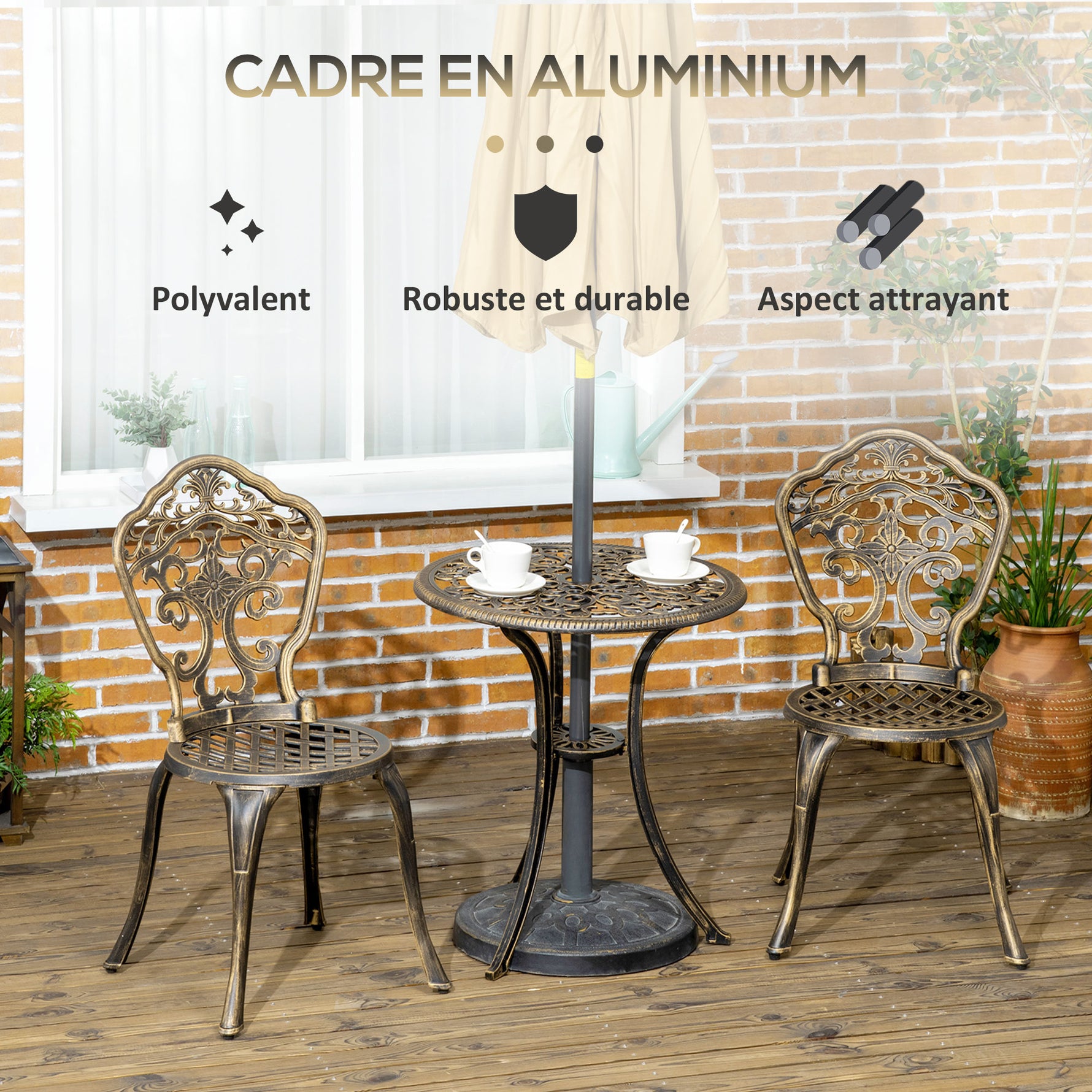 Ensemble bistrot pour jardin en aluminium salon de jardin 3 pièces 2 chaises + table ronde imitation fer forgé