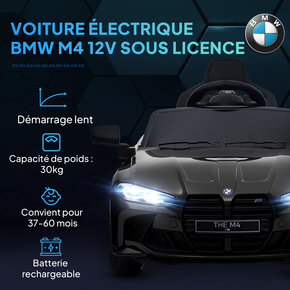 BMW M4 Elektroauto für Kinder 12V mit 2,4G Fernbedienung, Doppelmotor, Hupe, LED-Lichtern, Schwarz