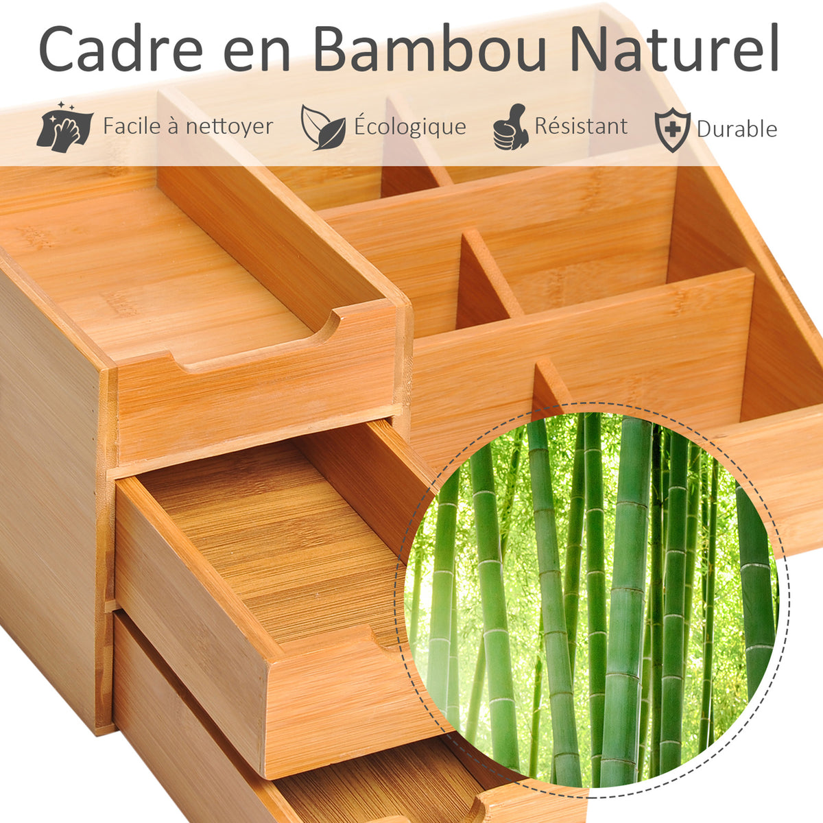 Lot de 2 boîtes de Rangement de Bureau - Organiseur de Bureau - 7 Compartiments, 2 tiroirs - Bambou Verni