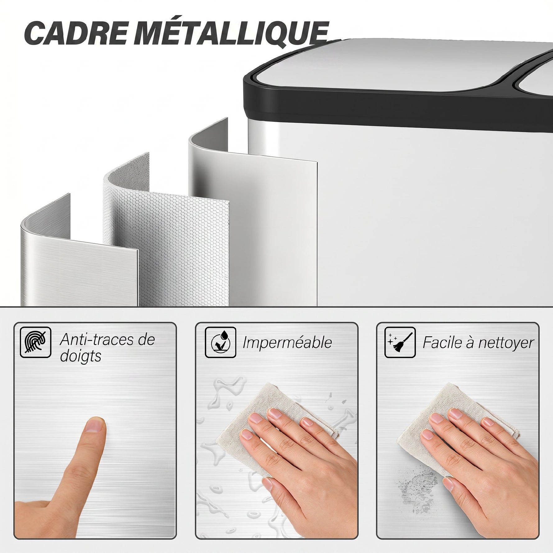 Poubelle de cuisine à double compartiment 2 x 30L avec pédale en acier inoxydable, couvercle à fermeture douce, argent