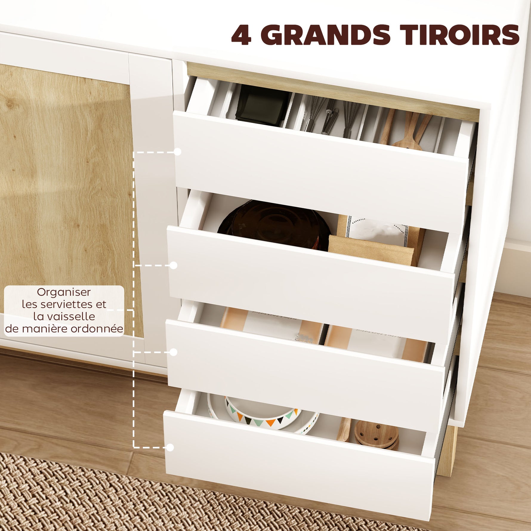 Buffet, meuble de rangement avec 2 portes et 4 tiroirs, étagère réglable, 120 x 40 x 86 cm, blanc et chêne