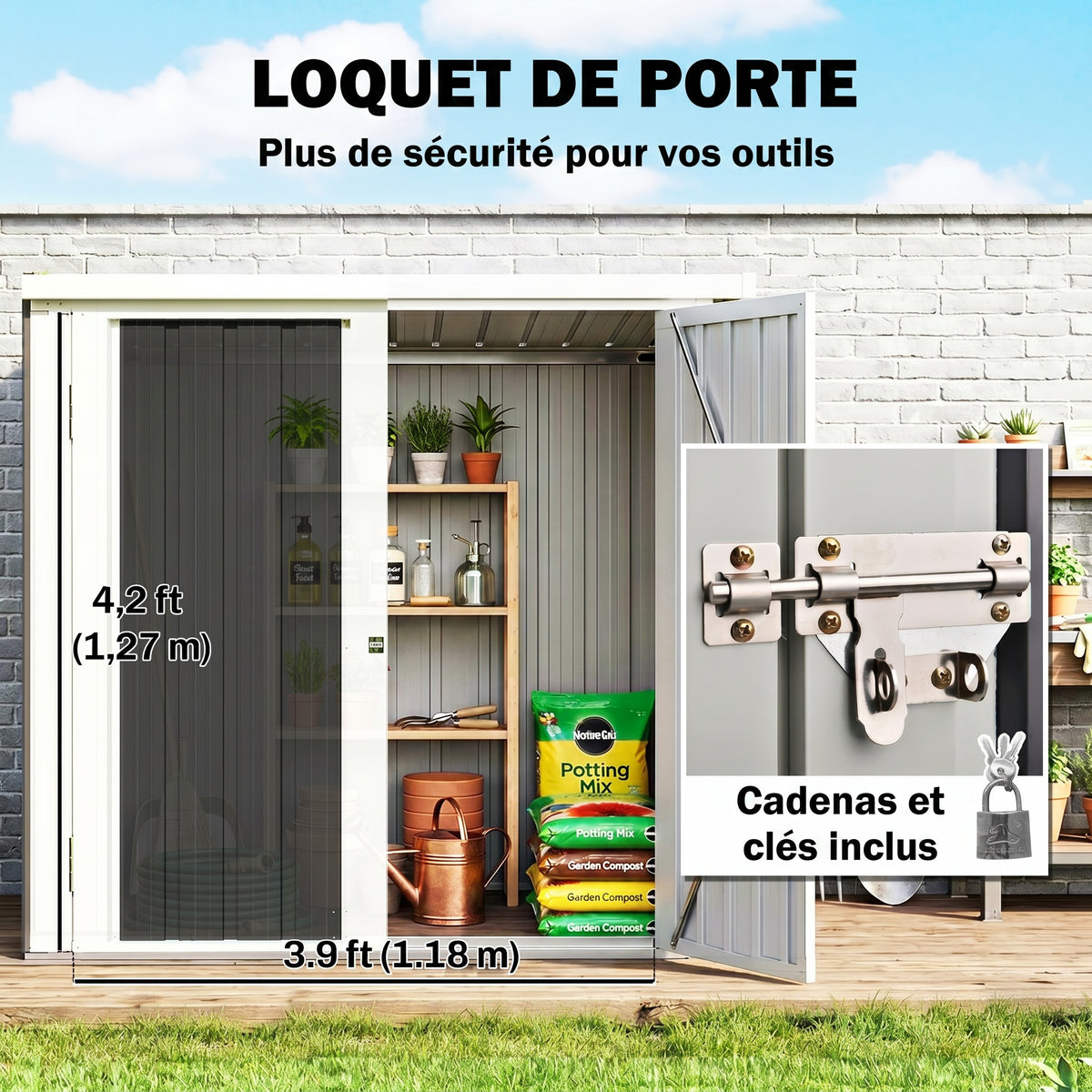 Abri de Jardin - cabane de jardin 1,09 m² - cabanon rangement outils 2 Portes verrouillables - dim. 147L x 86l x 134H cm - tôle d'acier Noir Blanc