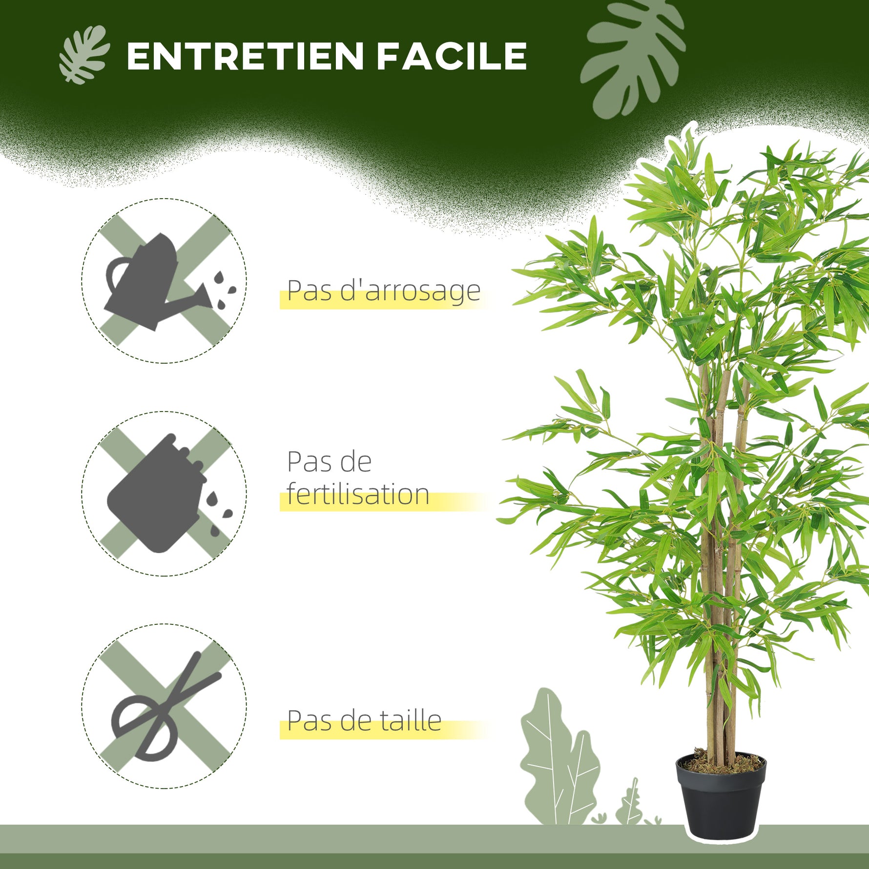 Lot de 2 bambous artificiels Hauteur 1,5 m 644 Feuilles denses réalistes Pot Inclus Noir avec Lichen Vert