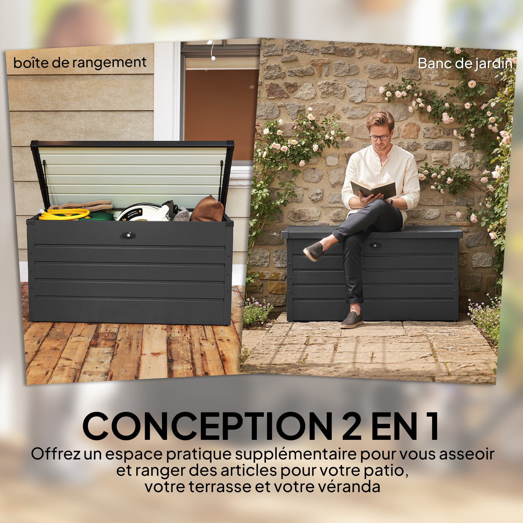 Coffre de rangement exterieur XXL 311L coffre de jardin acier galvanisé verrouillable vérin à gaz 120x62x62cm gris foncé