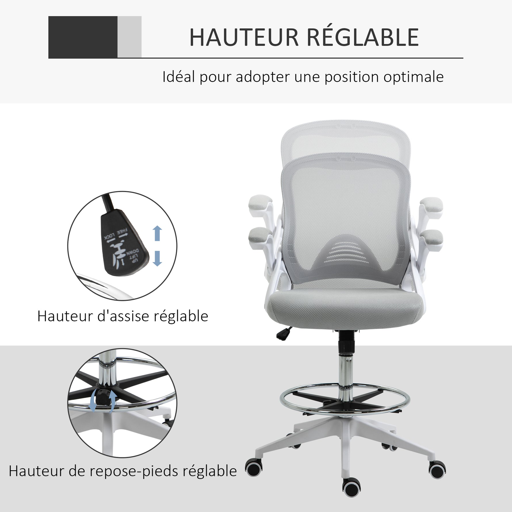 Fauteuil de bureau chaise de bureau assise debout hauteur réglable repose-pieds gris et blanc