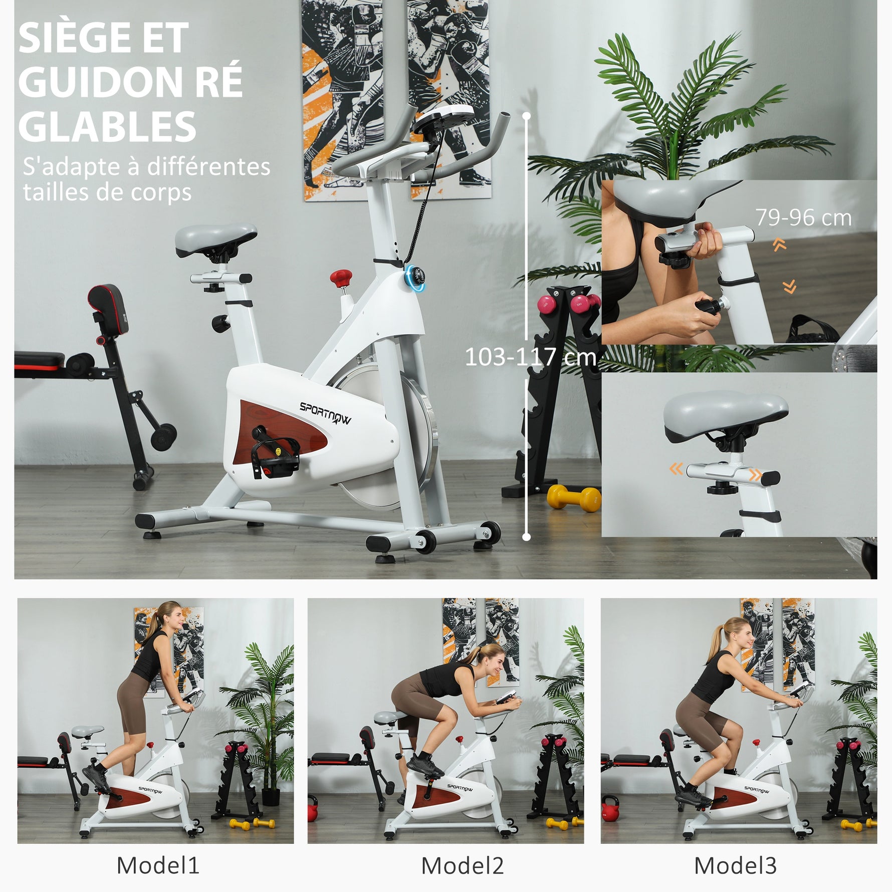 Vélo d'appartement silencieux avec selle et résistance réglables, moniteur LCD, support de tablette, blanc