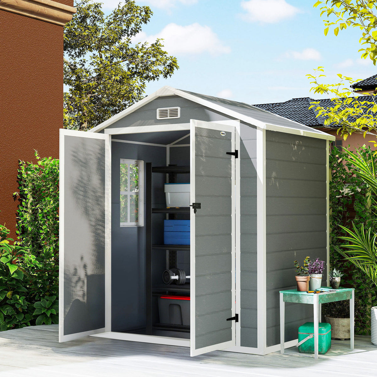 Abri de jardin cabanon en résine polypropylène 2,12 m² - 2 portes 1 fenêtre et 1 grille d'aération, toit à pignon, gris