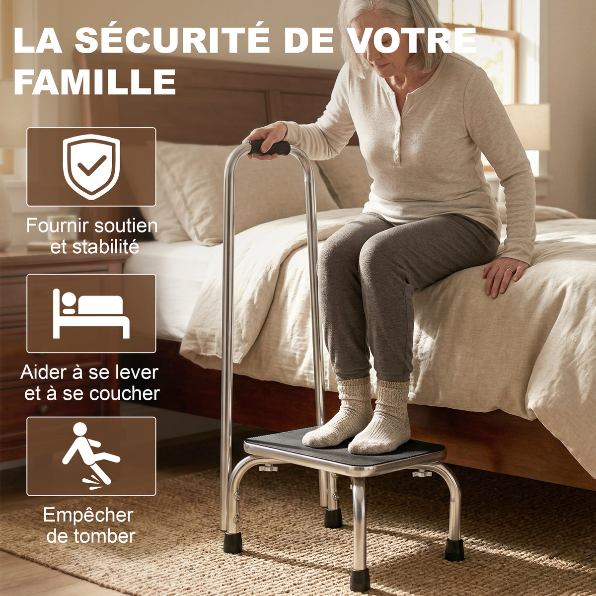 Marche avec Barre d'appui - marchepied de sécurité - Plateforme & Patins antidérapants - Acier galvanisé, gris et noir