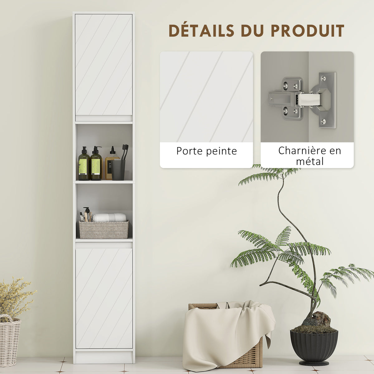 Meuble colonne salle de bain, meuble de rangement avec 2 portes, 2 compartiments ouverts, , 30 x 24 x 170 cm, blanc