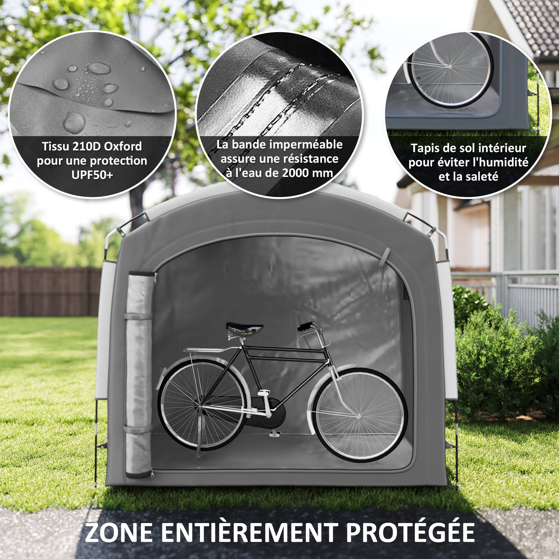 Tente de vélo abri de vélo portable pour 3-4 vélos avec 2 poches latérales 220 x 150 x 195 cm gris foncé