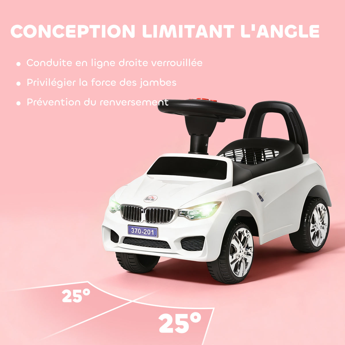 Porteur enfants voiture, véhicule à pousser avec coffre à jouets, klaxon, phares et musique, 63,5 x 28 x 36 cm, blanc