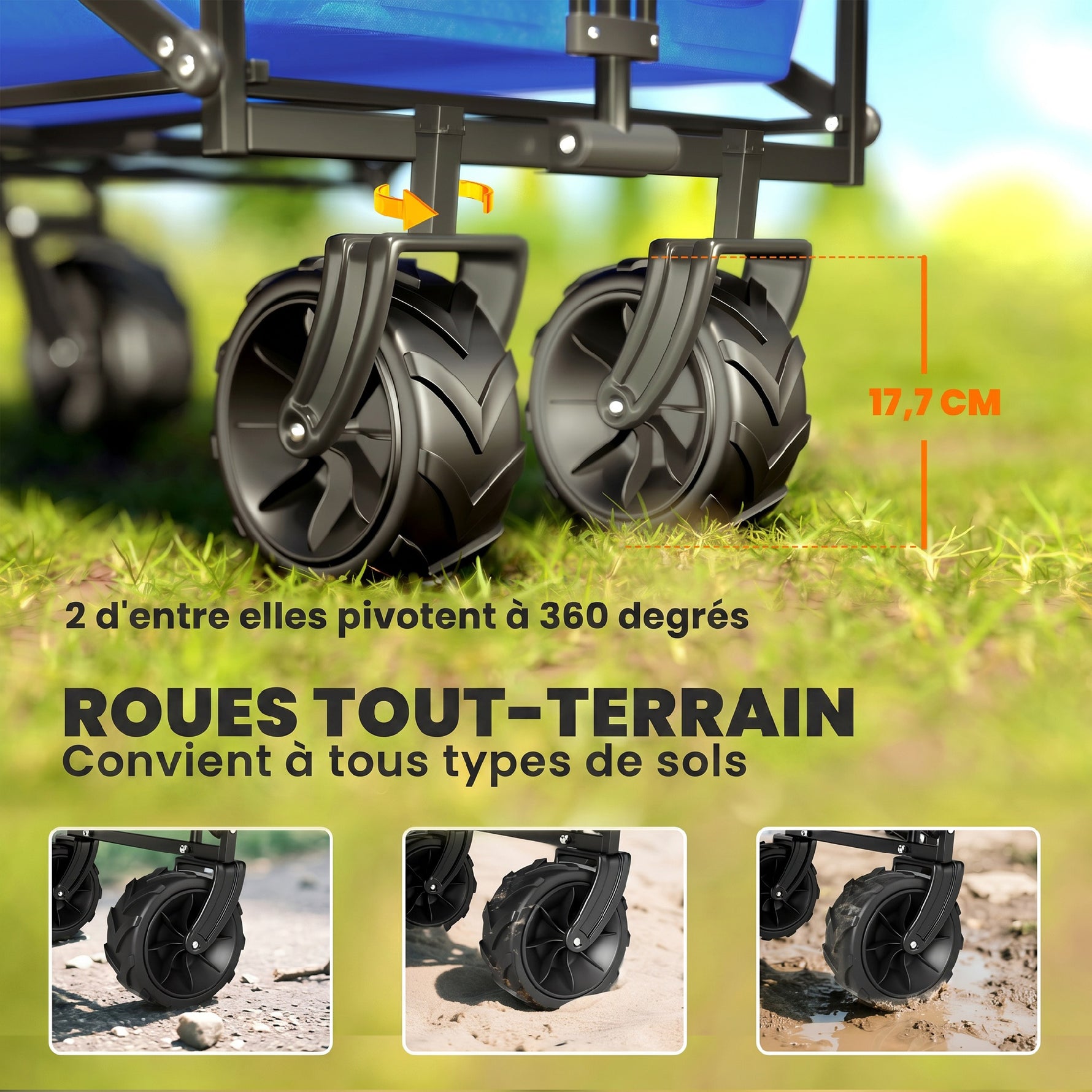 Chariot de Transport Pliable Tout Terrain 180 L, Poignée Télescopique Pousser-Tirer 2 en 1, Auvent Amovible, Bleu