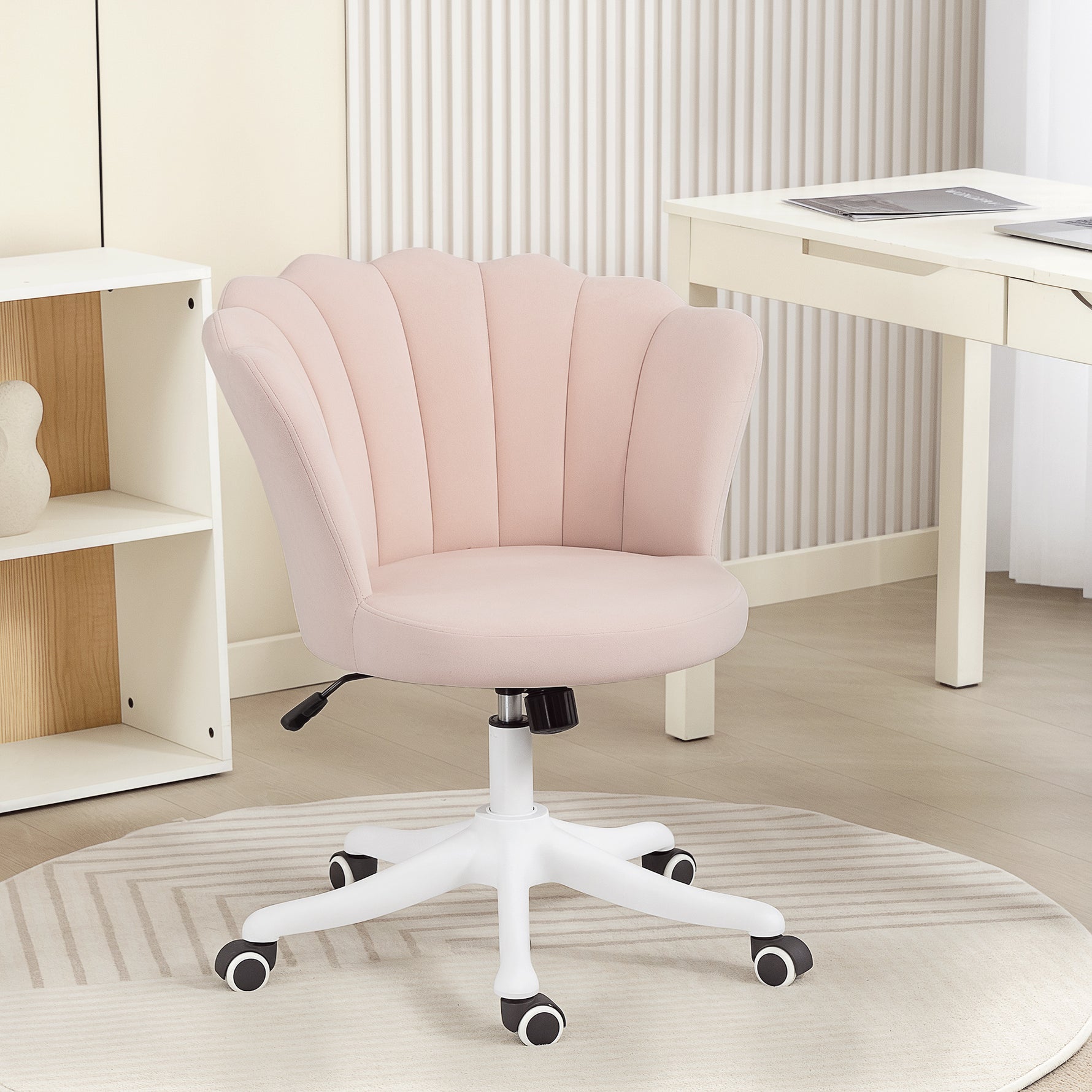 Chaise bureau en velours, chaise coiffeuse avec dossier en pétale, hauteur réglable, 69 x 64 x 80-90 cm, rose