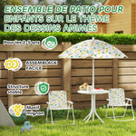 Ensemble salon de jardin extérieur enfant 4 pièces, motif éléphant et girafe, parasol réglable Ø 100 cm, chaise pliable