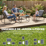 Salon de Jardin Ensemble de Terrasse en Acier et Textilène 4 Pièces avec Accoudoirs Corde Tressée Gris