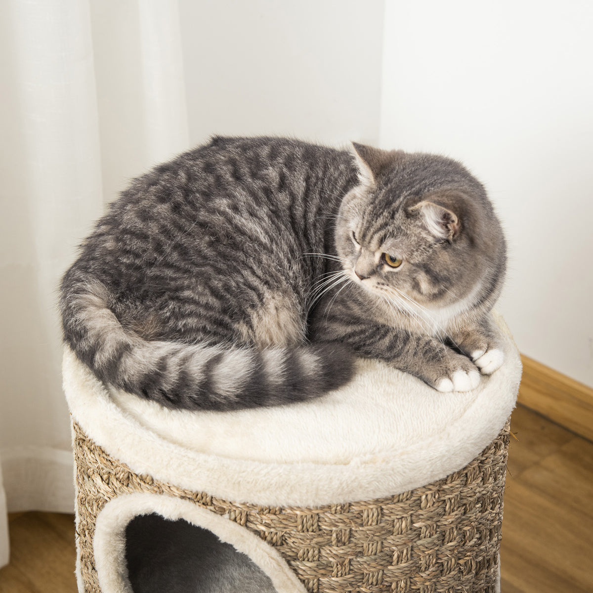 Tonneau à Gratter pour Chat, Arbre à Chat Sisal Naturel et Herbiers Marins Recouvert de Peluche, 37,5 x 37,5 x 70 cm, Kaki et Café