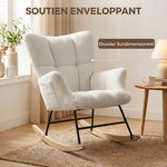 Fauteuil à Bascule, Rocking Chair en Peluche Teddy, Poches Latérales, Dossier à Oreilles Capitonné, Crème