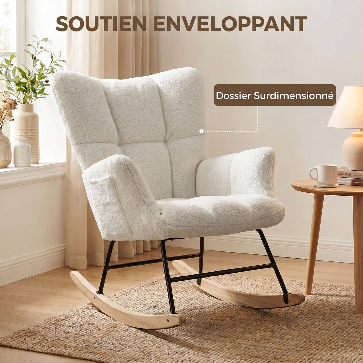 Fauteuil à Bascule, Rocking Chair en Peluche Teddy, Poches Latérales, Dossier à Oreilles Capitonné, Crème