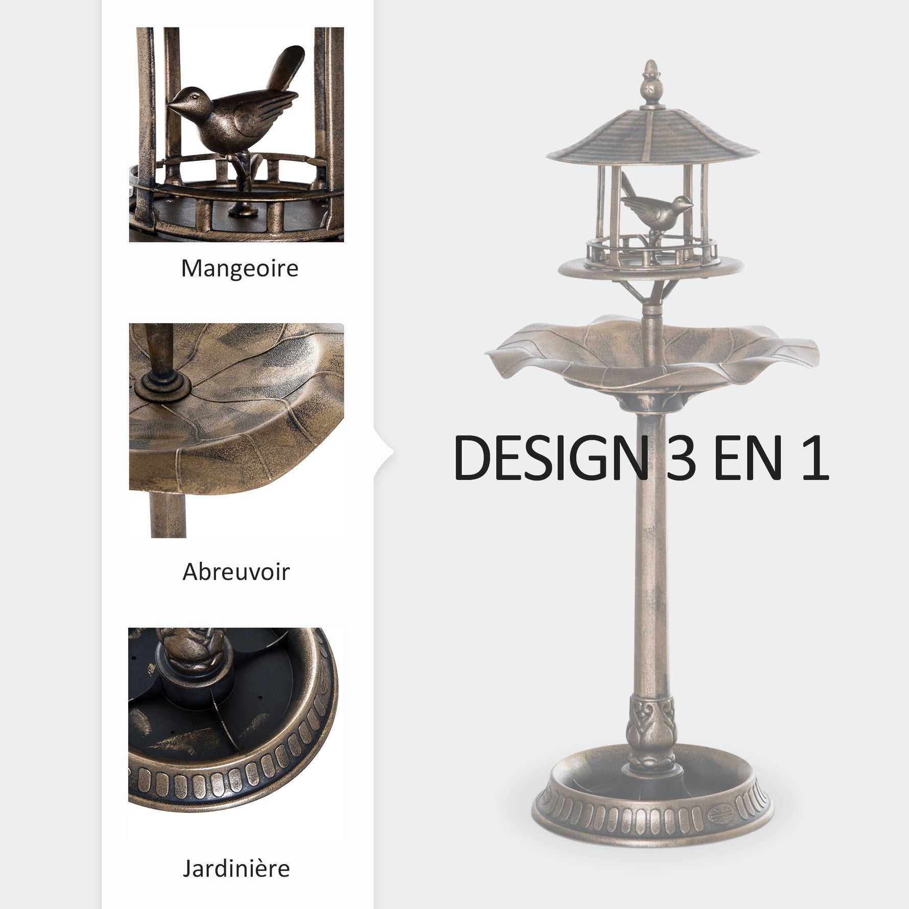 Bain d'oiseaux Abreuvoir pour Oiseaux jardinière 3 en 1 dim. Ø 50 x 113H cm polypropylène bronze antique