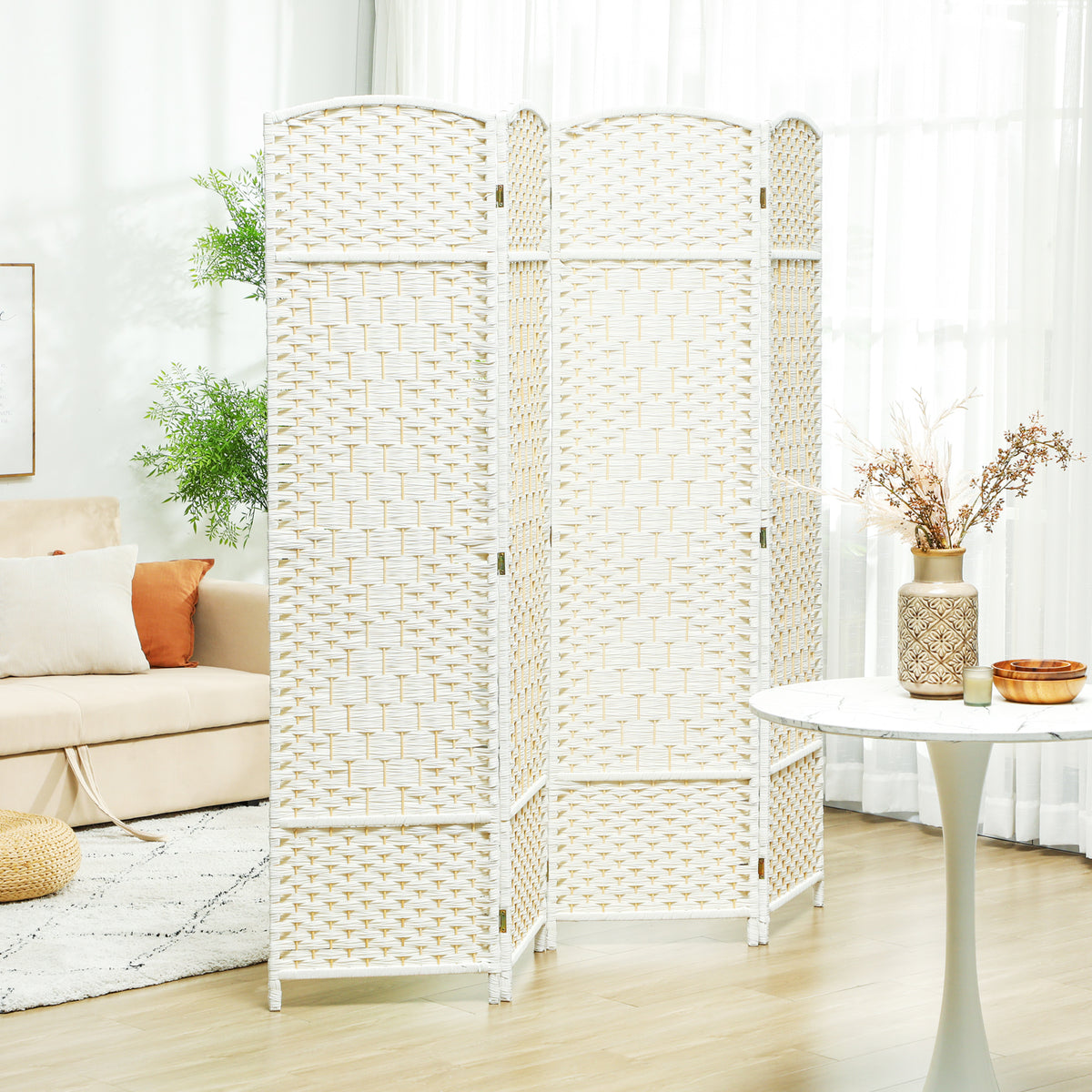 Paravent intérieur en bois 4 panneaux séparateur de pièce pliable pour salon chambre 180 x 180 cm blanc