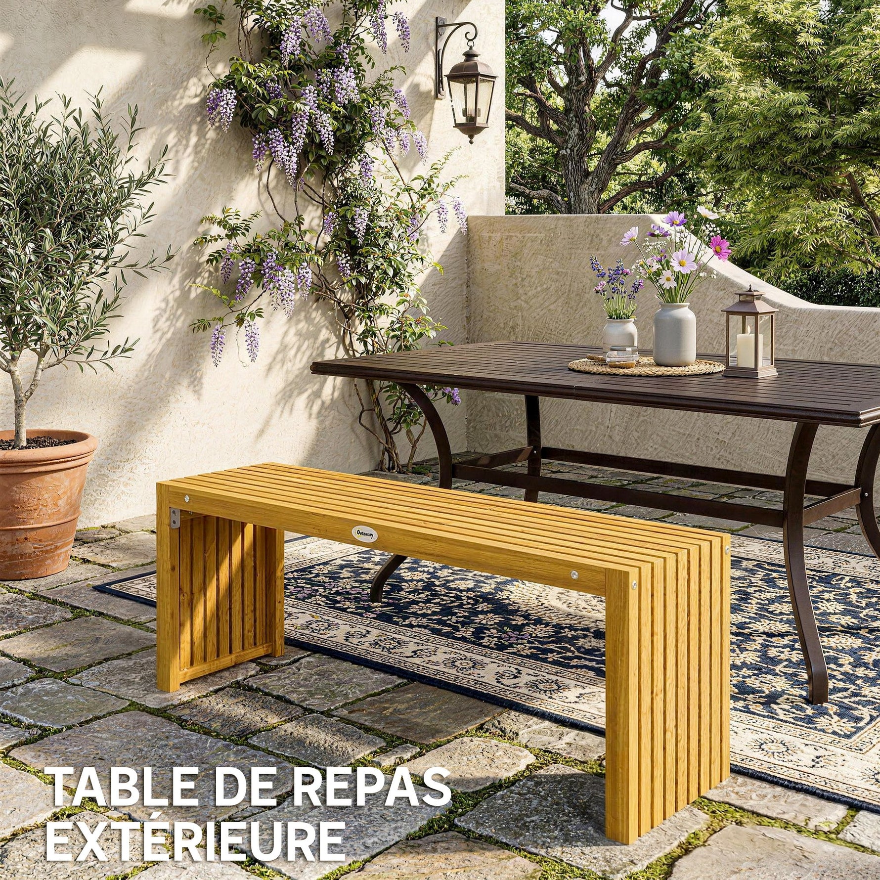 Banc de Jardin en Bois d'Acacia sans Dossier 2 Places, Assise à Lattes Effet Bois, 110x30x45cm, Bois naturel