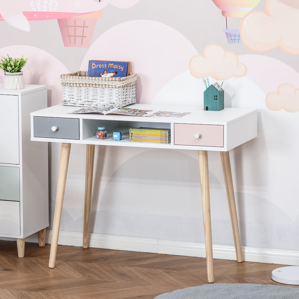 Eskandinaviar estiloko haurrentzako mahaia, tiradera eta biltegiratze-konpartimenduarekin, 100L x 48l x 76,5H cm, MDF eta pinua, zuria, grisa eta arrosa