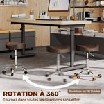 Tabouret à roulettes, tabouret de salon avec hauteur réglable 51-66 cm et assise rembourrée, pivotant 360°, marron