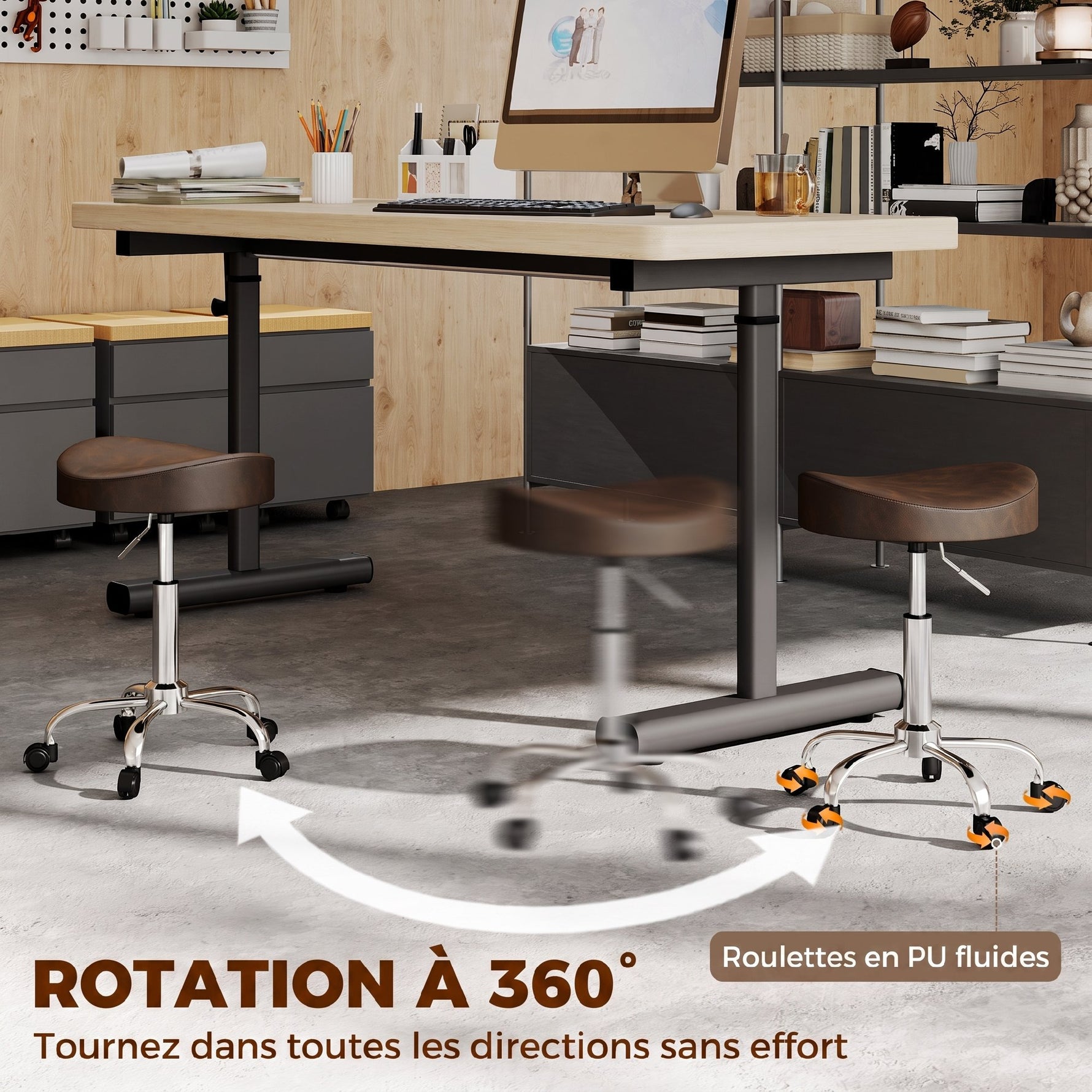Tabouret à roulettes, tabouret de salon avec hauteur réglable 51-66 cm et assise rembourrée, pivotant 360°, marron