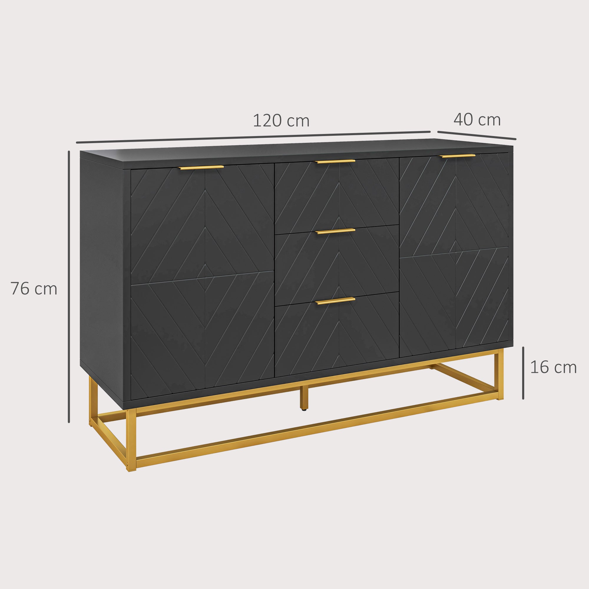 Graphisches Sideboard im zeitgenössischen Design, 2 Schranktüren mit verstellbaren Einlegeböden, 3 Schubladen, aus schwarzem Holz und goldfarbenem Metall
