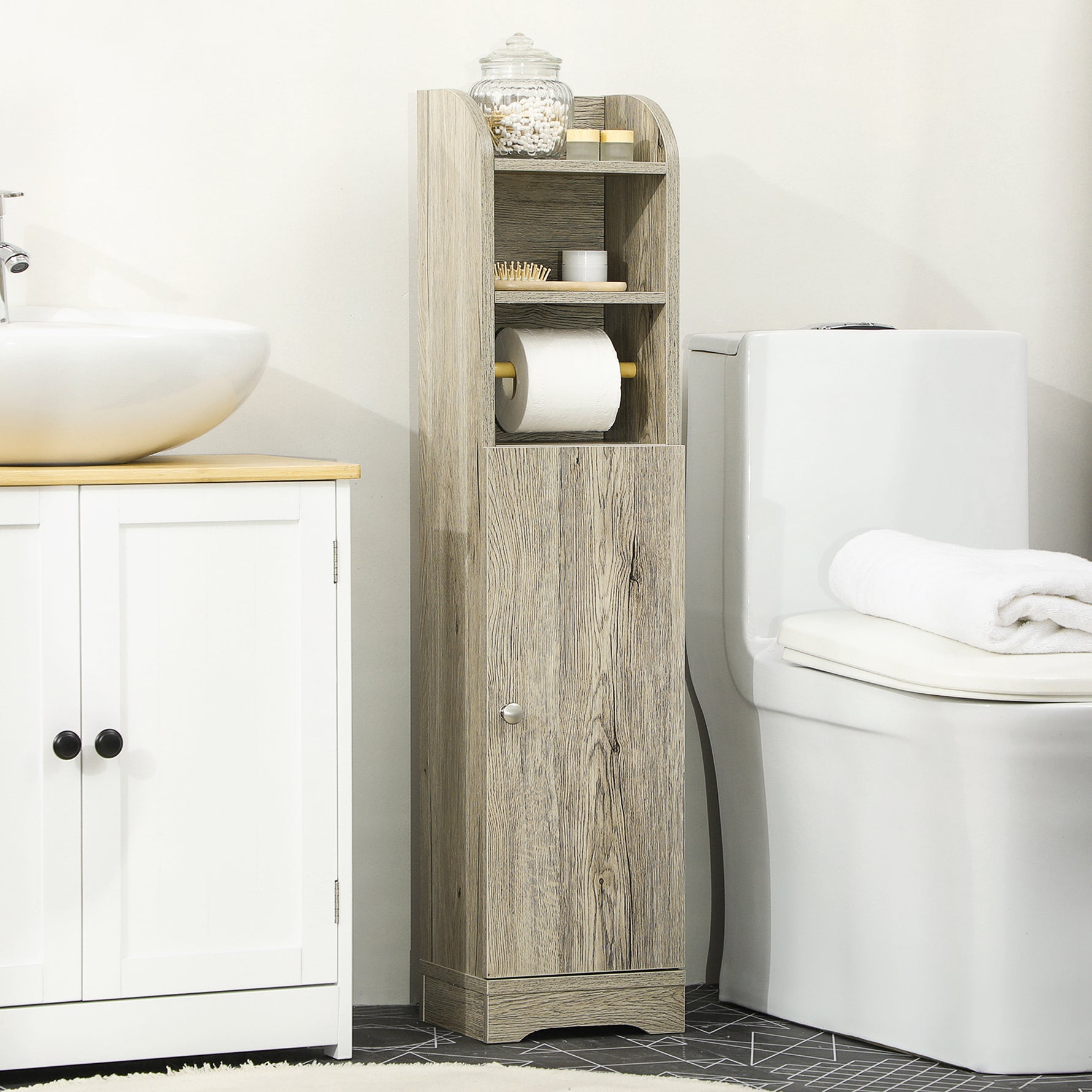 Meuble bas de salle de bain 1 étagère supérieure ouverte 2 compartiments et 1 placard 23 x 18 x 100 cm gris