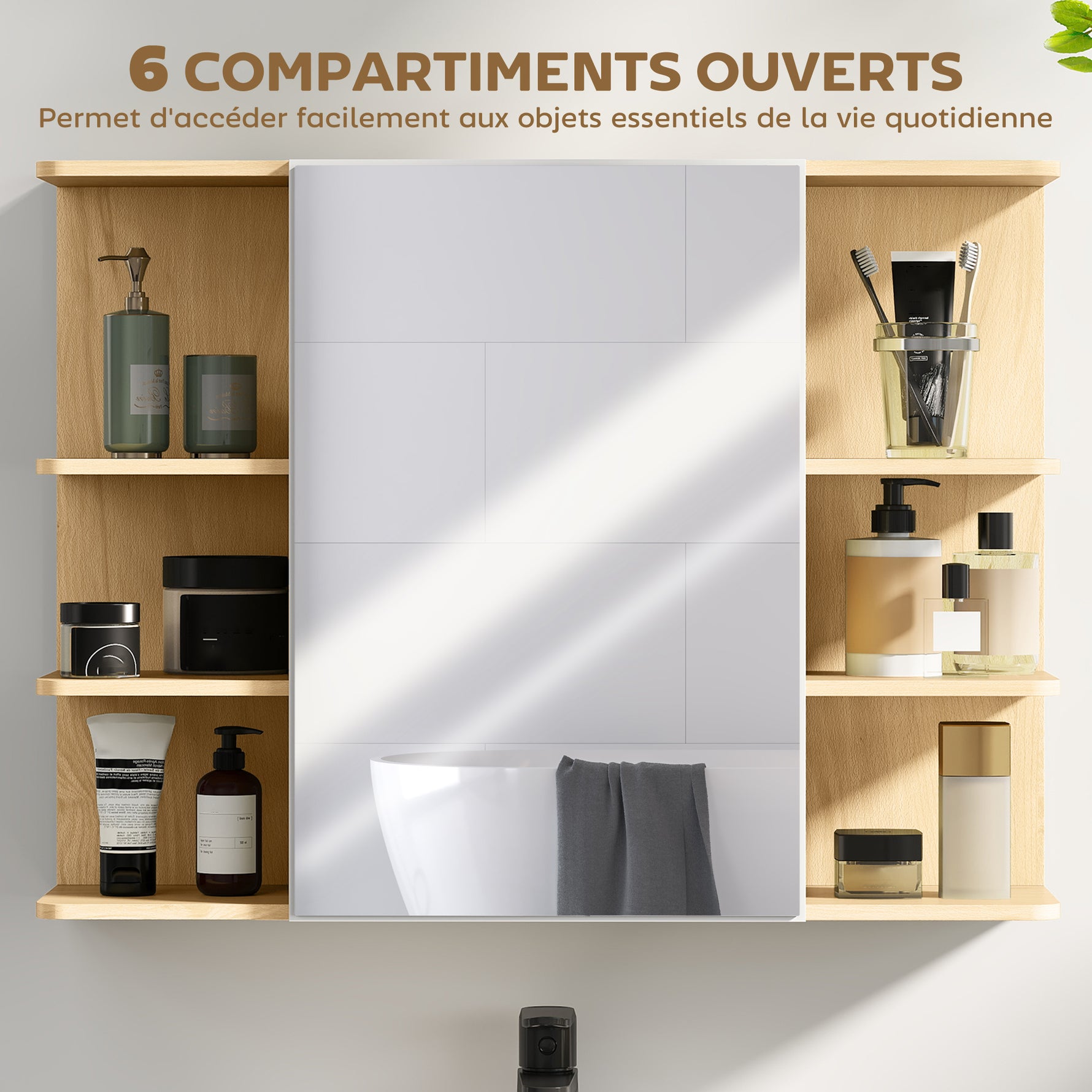 Armoire murale salle de bain avec miroir, meuble salle de bain avec étagères ouvertes, 80 x 20 x 59 cm, bois naturel