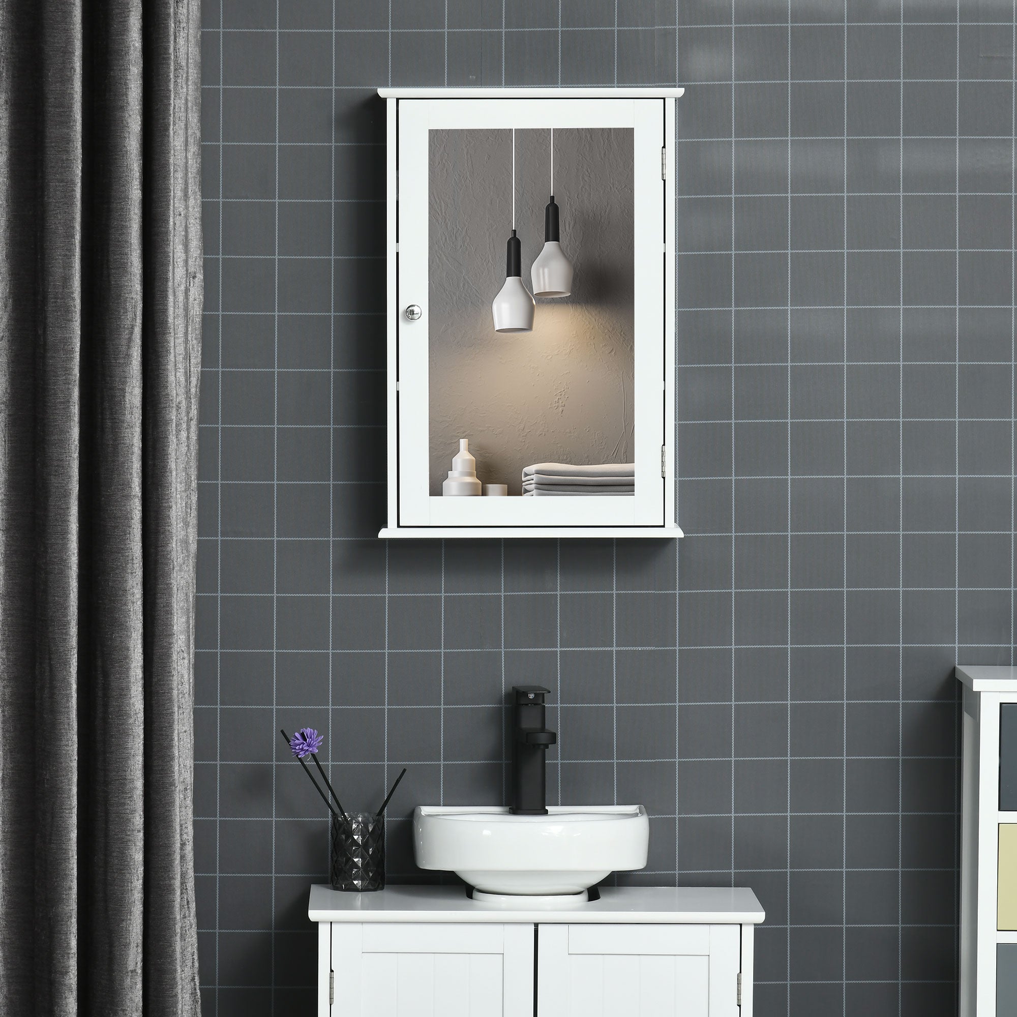 Armoire Murale de Salle de Bain avec Miroir - Armoire à Glace - Placard de Rangement Toilettes - 1 Porte, 2 étagères - Verre MDF Blanc