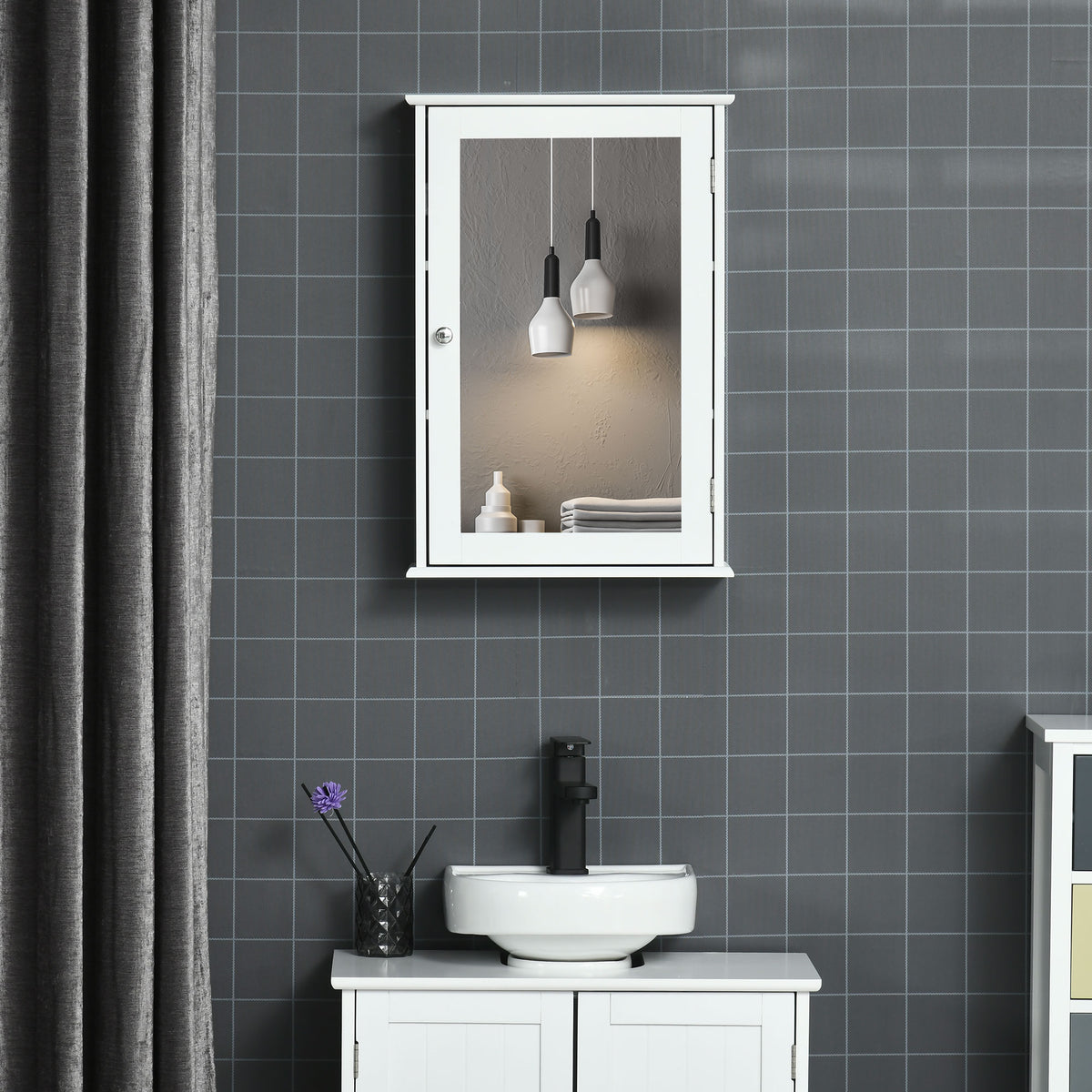 Badezimmer-Wandschrank mit Spiegel - Spiegelschrank - WC-Aufbewahrungsschrank - 1 Tür, 2 Ablagen - Glas MDF Weiß