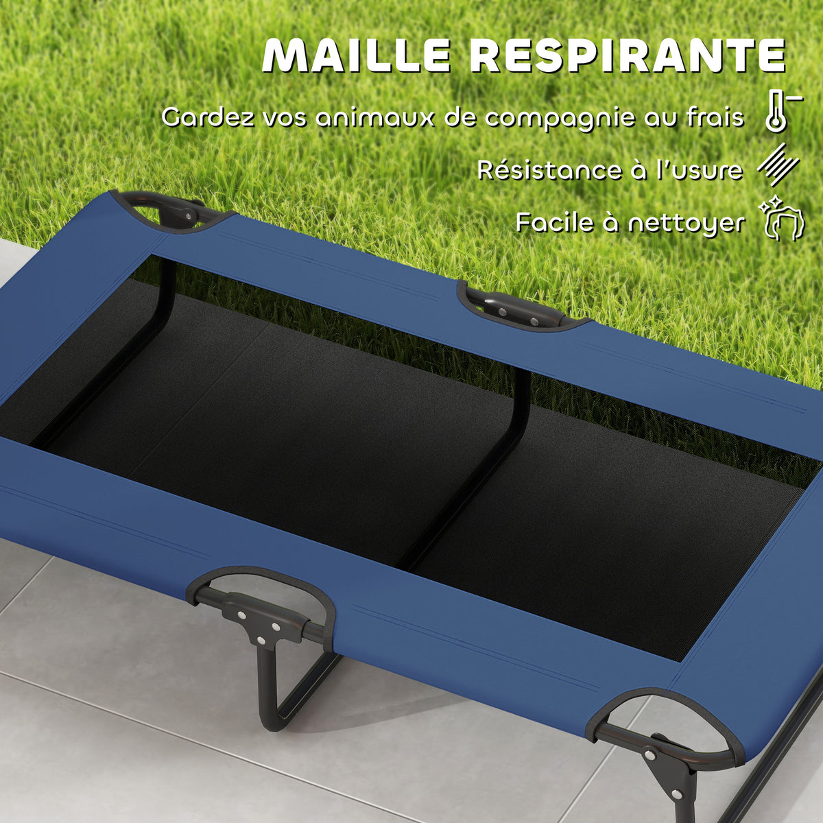 Lit surélevé pour chiens pliable rafraîchissant, lit de camp pour animaux en maille respirante 107x61x20cm bleu foncé