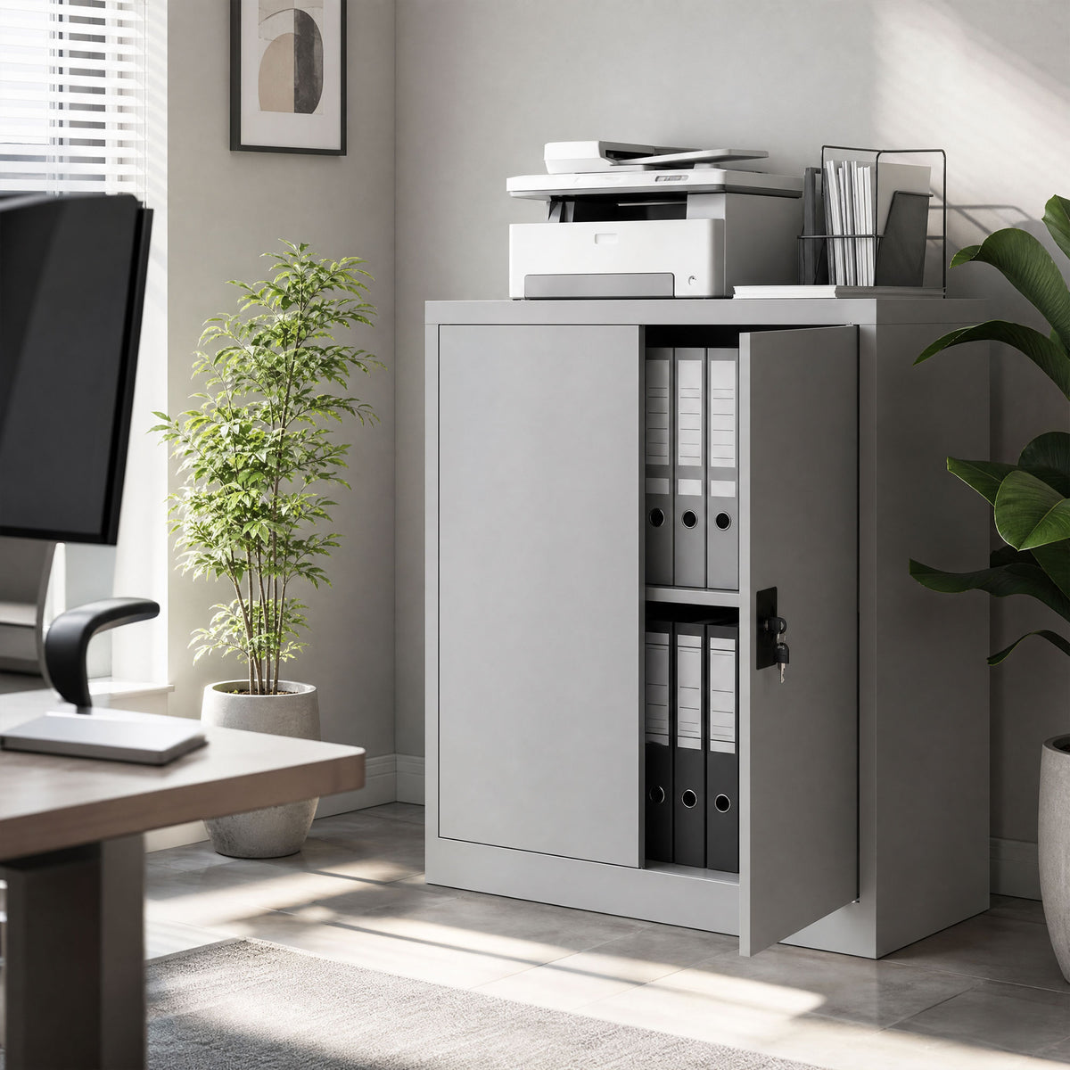 Armoire de Bureau Métallique, 80 x 40 x 92,5 cm, Meuble de Rangement en Acier avec Serrure, Étagère Réglable, Gris