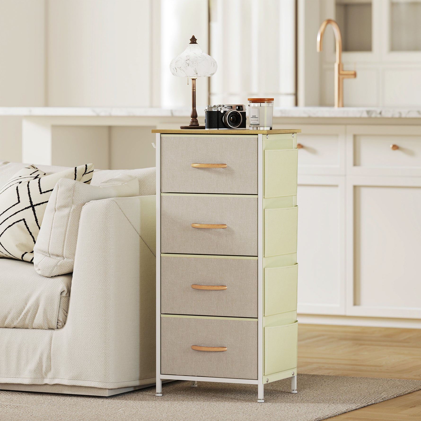 Commode 4 tiroirs en tissu, meuble de rangement avec 4 poches, 2 crochets, structure en acier, 45 x 30 x 94,5 cm, beige
