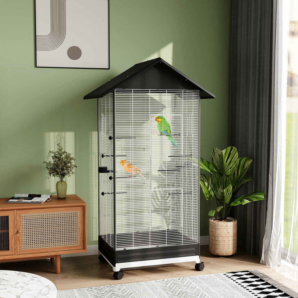 Cage oiseau sur pied volière oiseaux intérieure sur roulettes 2 mangeoires 8 perchoirs 79 x 65 x 155 cm fil d'acier noir