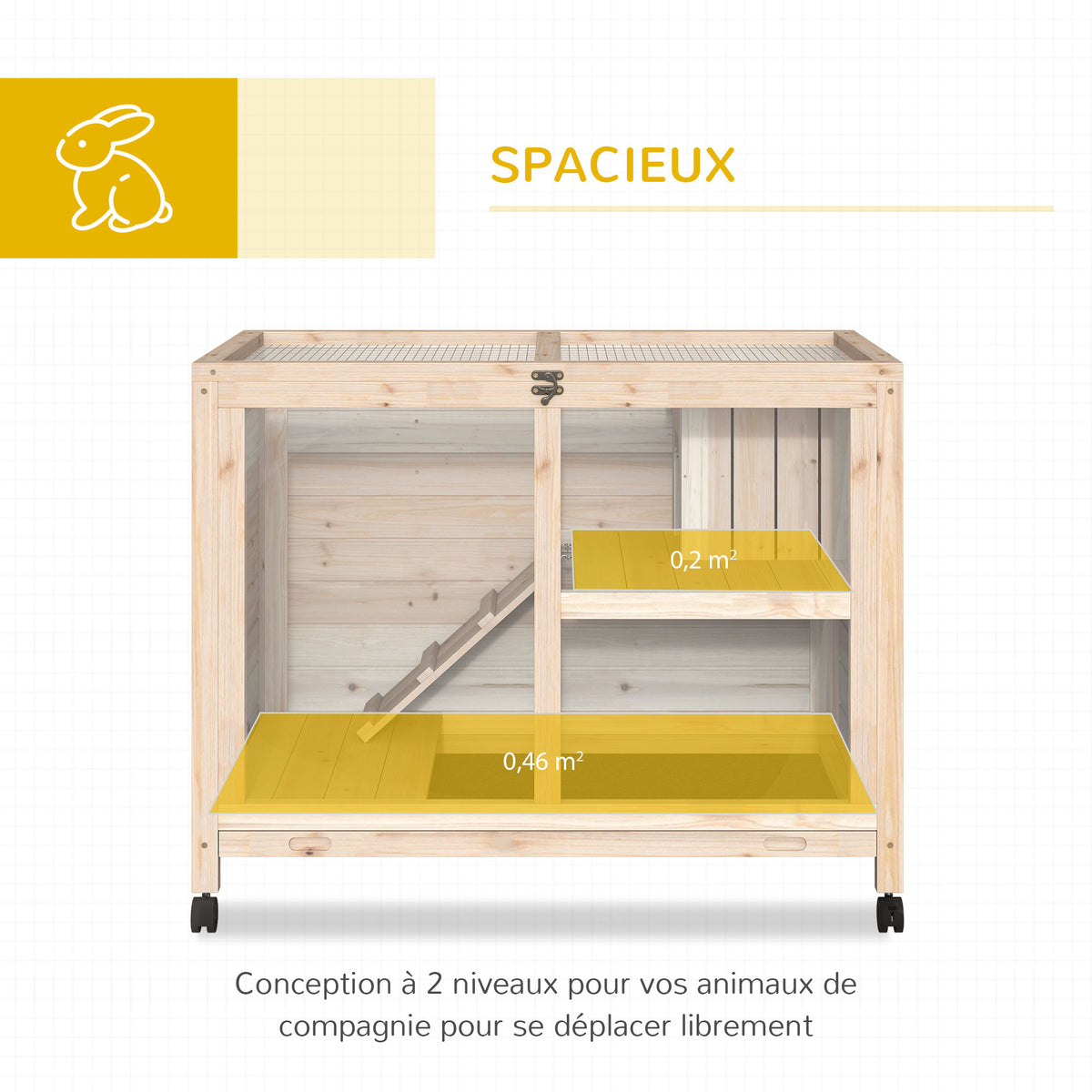 Cage à lapin clapier sur roulettes petit enclos animaux en bois massif 2 étages toit ouvrant plates-formes 91,5 x 53,3 x 73 cm bois naturel