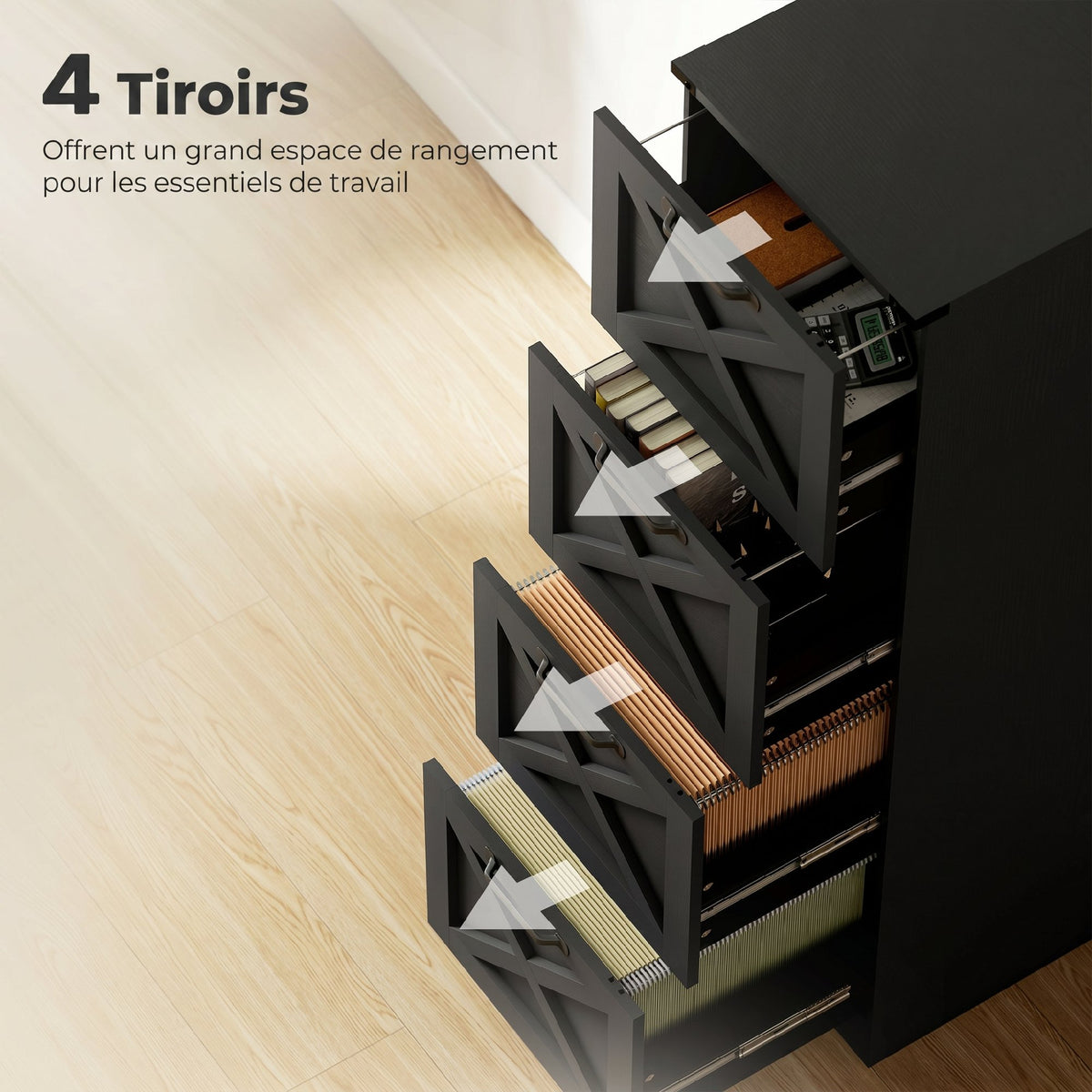 Caisson de Bureau avec 4 Tiroirs, Dossiers Suspendus pour Formats Lettre/A4, Style Rustique, 40x40x131cm, Noir