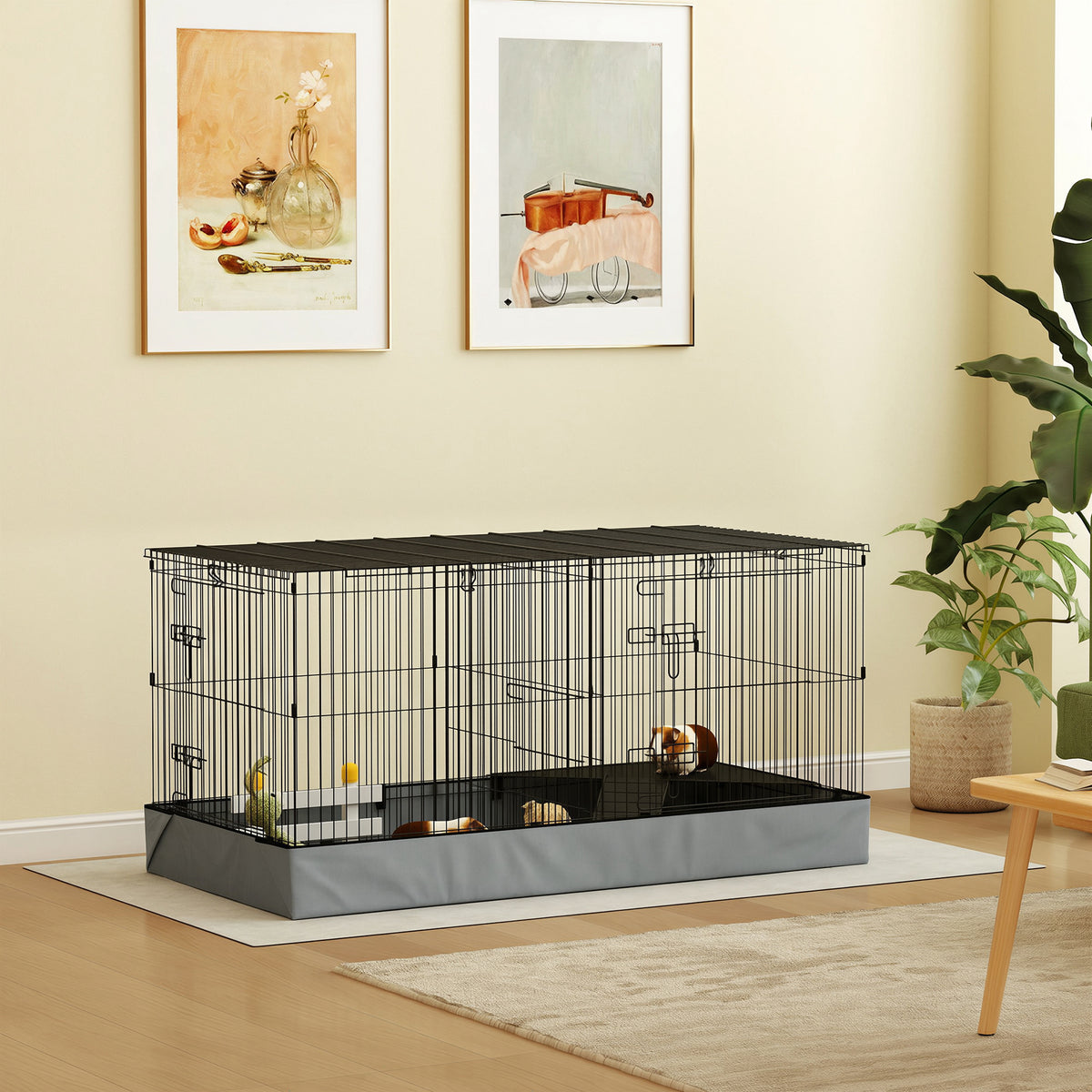 2-in-1 kooi voor kleine dieren met afneembare bovenkant, konijnenren, 2 gescheiden zones, hellingbaan, 121 x 61 x 61 cm, zwart staal