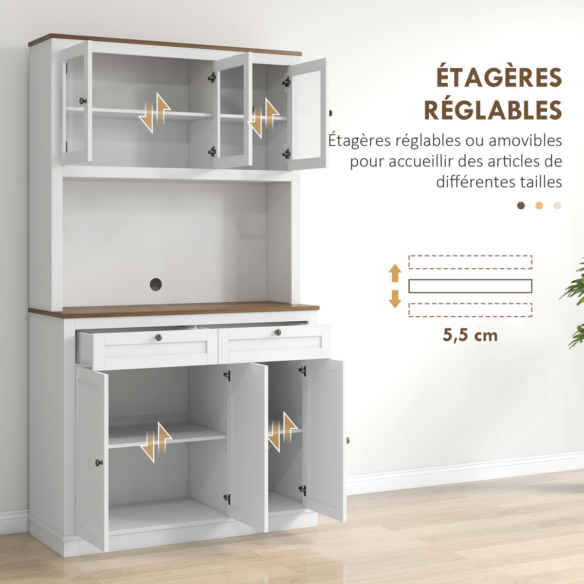 Buffet haut cuisine, armoire de cuisine, 6 portes, 2 tiroirs, plan de travail, étagères réglables, 100x40x180cm, blanc