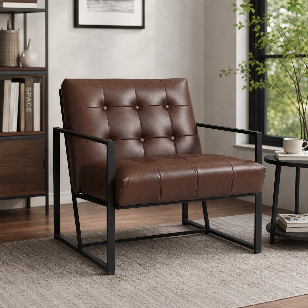 Fauteuil de salon Chesterfield Fauteuil Relax Assise Dossier capitonnés Structure métal Noir revêtement synthétique Chocolat