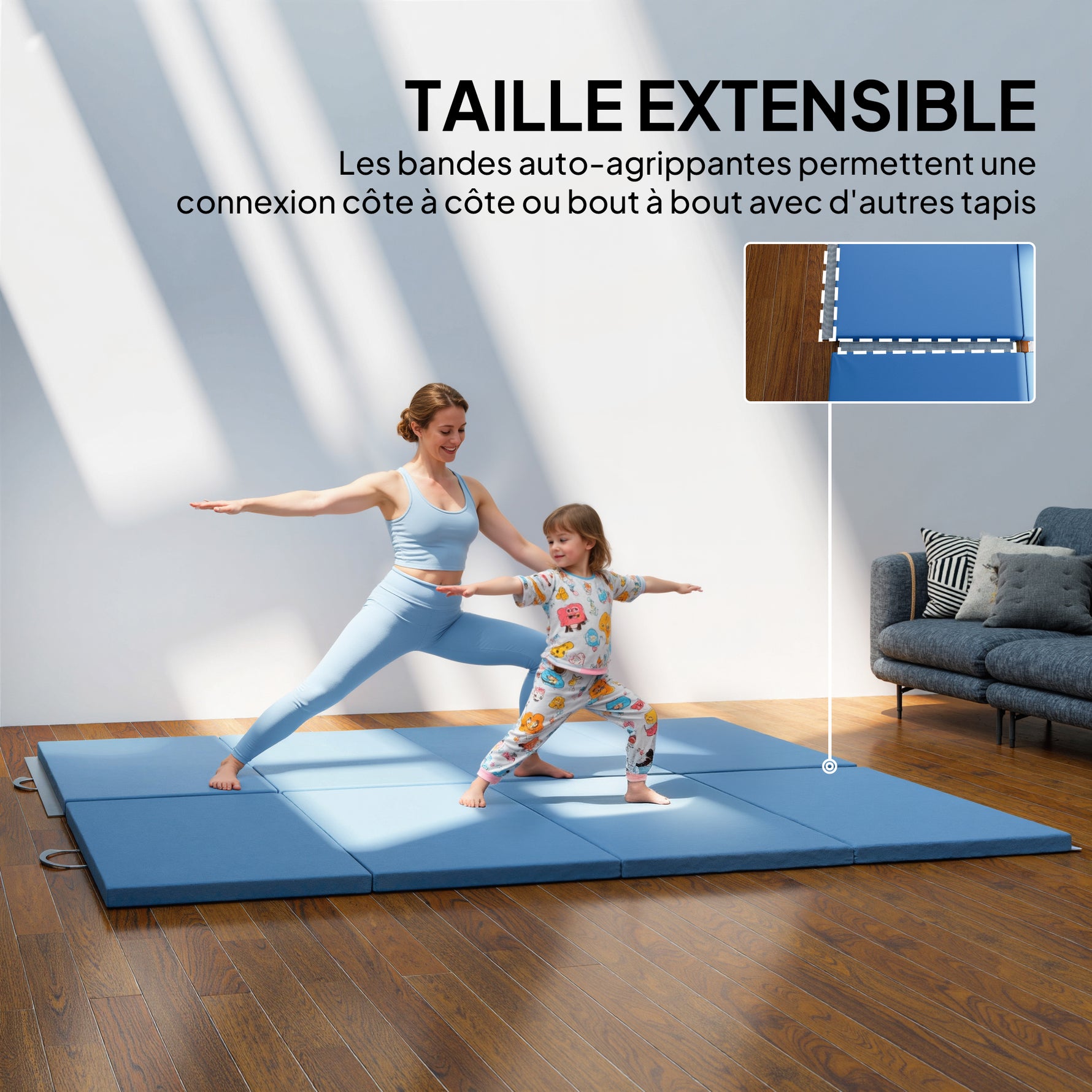 Tapis de gymnastique yoga pilates fitness pliable en 4 avec poignées revêtement synthétique 240 x 120 x 5 cm bleu clair