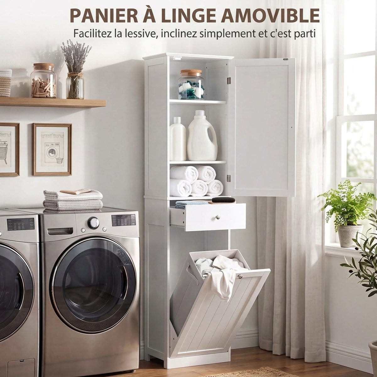 Badezimmerschrank mit Schublade, Wäschekorb, verstellbarem Regal, moderner Stil, 45 x 30 x 180 cm, Weiß